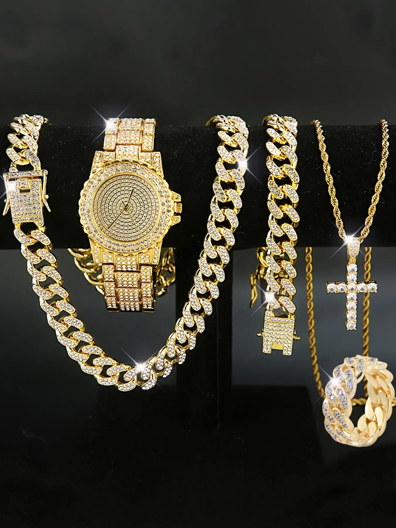 5-Piece Set: Men's and Women's Watch Set, Men's Cuban Necklace Bracelet Ring Set, Cross Necklace Set, Christmas Gift Set, Jewelry Set