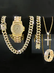 5-Piece Set: Men's and Women's Watch Set, Men's Cuban Necklace Bracelet Ring Set, Cross Necklace Set, Christmas Gift Set, Jewelry Set