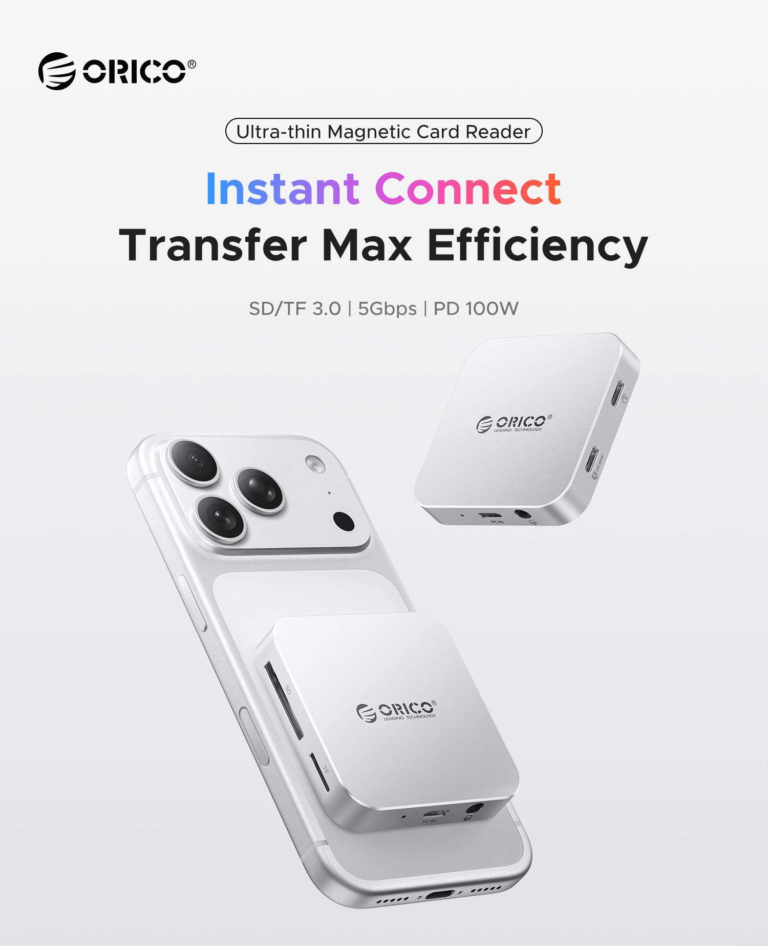ORICO Ultra-Thin Magnetic SD Card Reader for iPhone 17/16/15 Series/iPad/MacBook, USB C Camera  with SD/TF 3.0 Solt, 100W PD Pass-Through