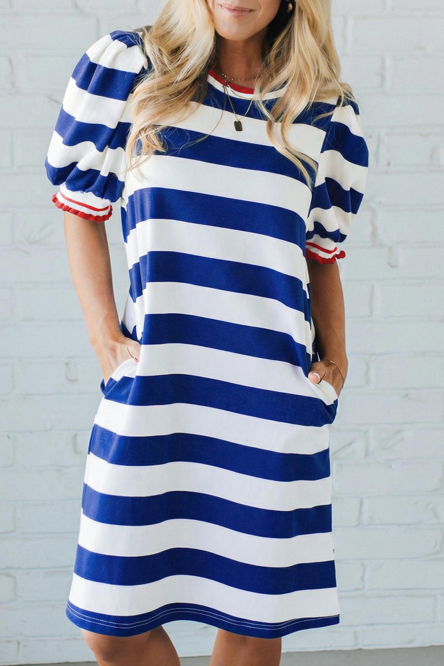 Mntaor Women's Summer Striped Shift Mini Dress - Contrast Trim, Round Neck, Puff Sleeves - Flowy, Comfortable, Y2K Aesthetic - Ideal for Office Casual, Weekend Outings - Pair with Wedges or Boots