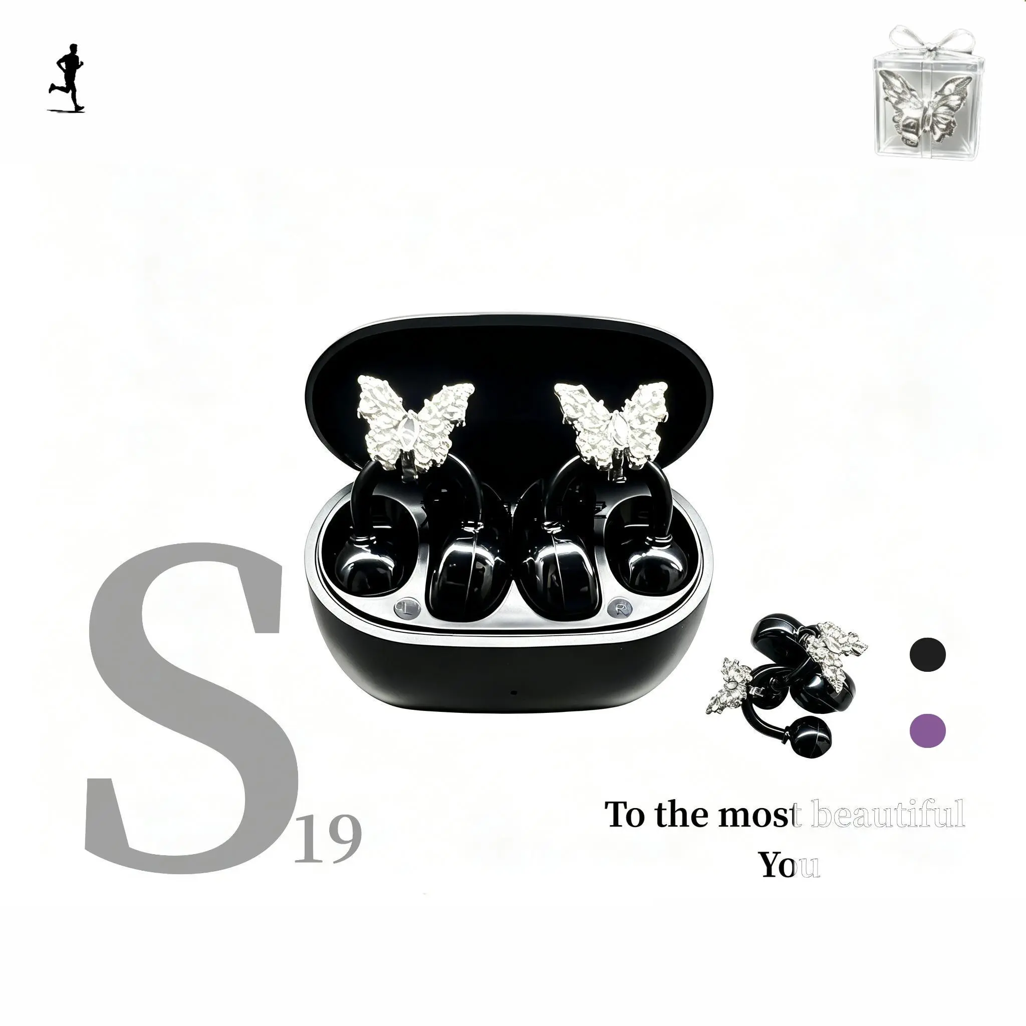 Flagship S19 Open-Ear Headphones-Butterfly Rhinestone Clip-on Bluetooth Headphones, Left-Right Auto Recognition, HiFi Stereo, Touch Control, IPX5 Waterproof, Bluetooth 5.4, Android IOS Compatible,DIY fashion items Back-to-School Gift