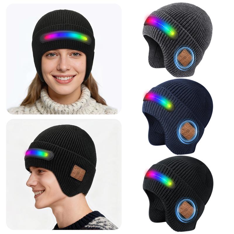New USB Charging Light-Up Bluetooth Headphone Hat Outdoor Warm Knitted Ear Protection Hat Wireless Music Colorful Light Design Unisex Fashionable Casual Flashlight Hat for Christmas Holidays