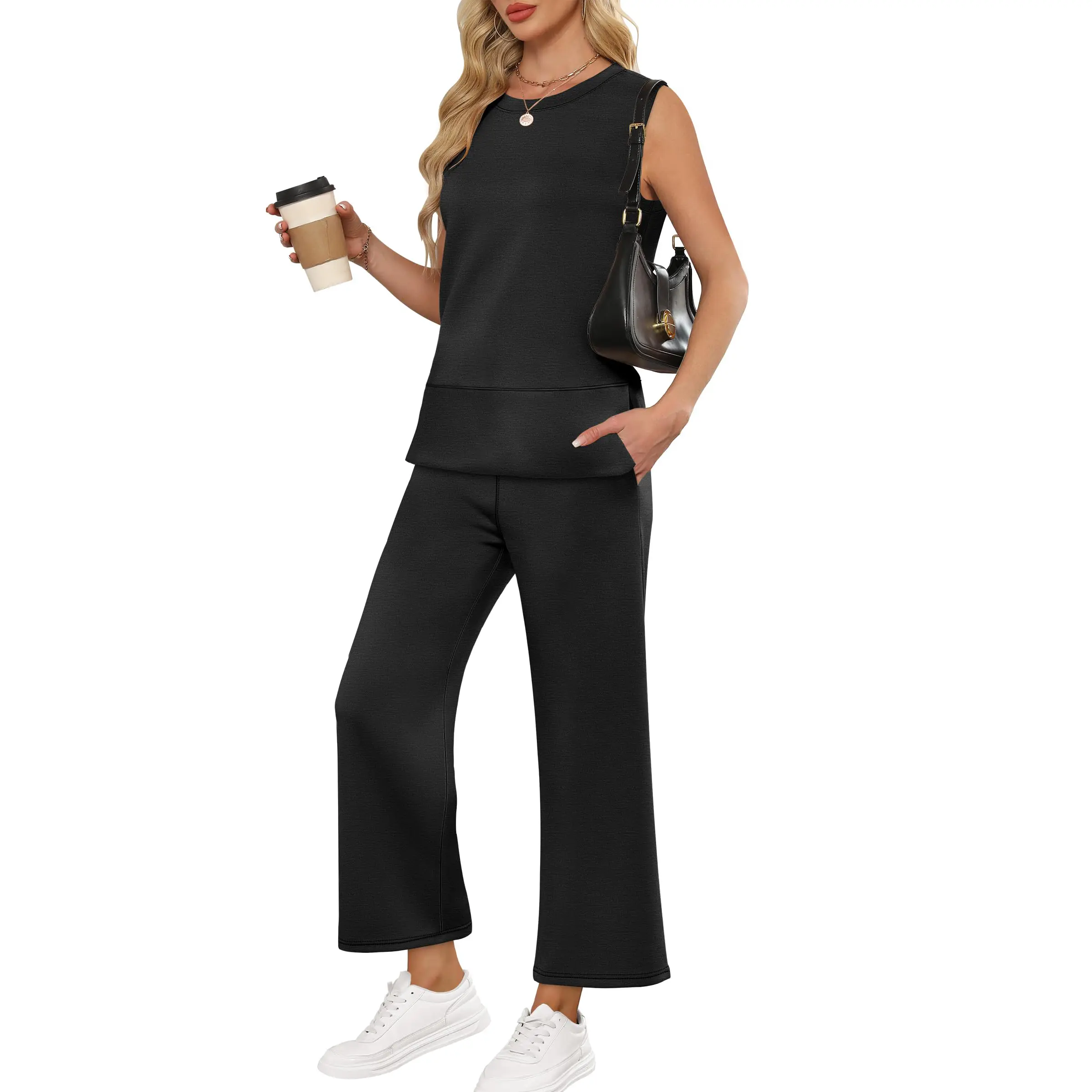 ANRABESS Women's 2 Piece Sets Summer Travel Airplane Outfits Sleeveless Wide Leg Casual Lounge Matching Sweat Set Sweatsuits Chic High Waist