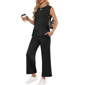 ANRABESS Women's 2 Piece Sets Summer Travel Airplane Outfits Sleeveless Wide Leg Casual Lounge Matching Sweat Set Sweatsuits