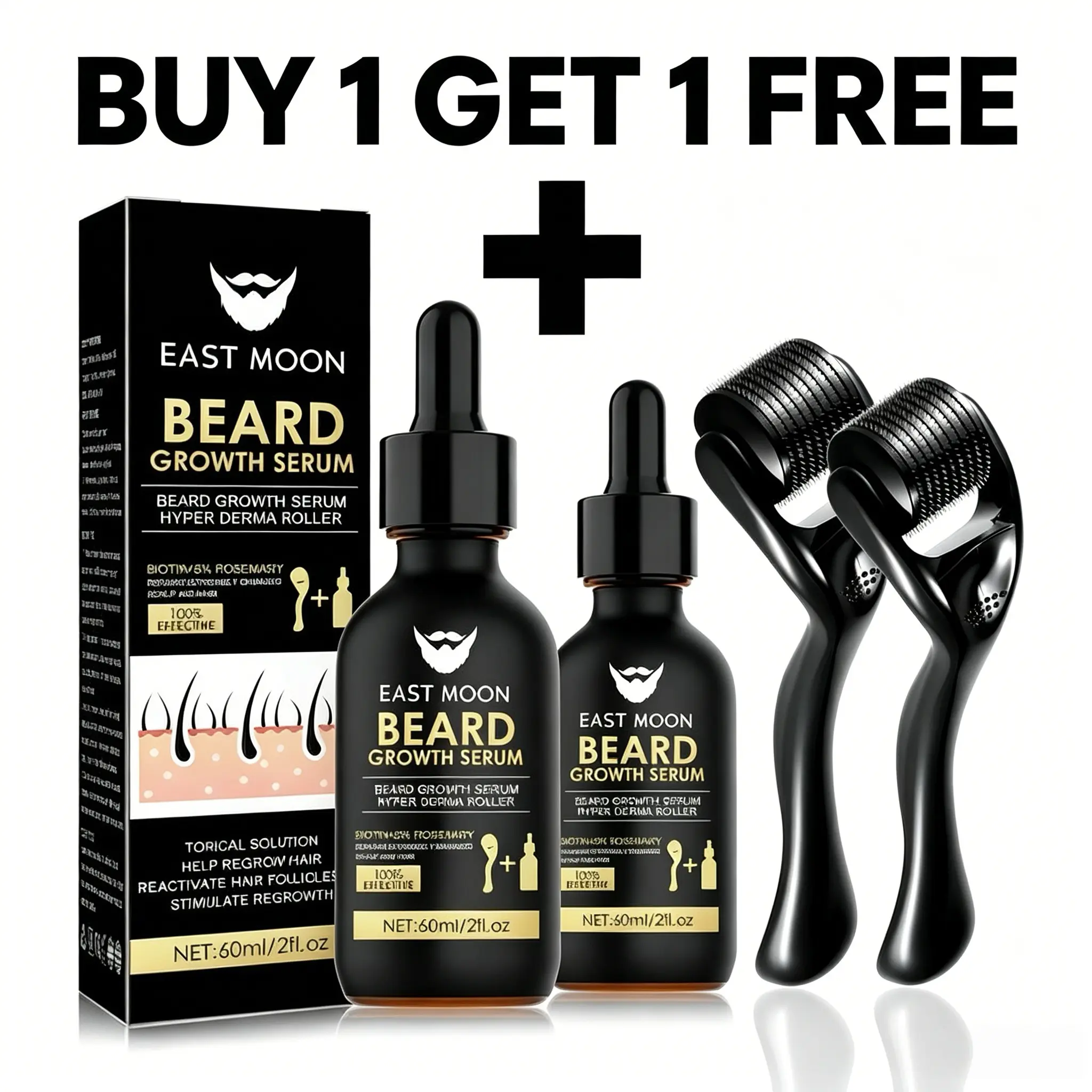 [BUY 1 GET 1 FREE】EAST MOON Beard Growth Serum & Derma Roller Kit, Beard Care Nutritional Oil, Making Beards Thicker and More Shiny, Daily Beard Care Products for Men, Holiday Gifts, Father's Day Gifts