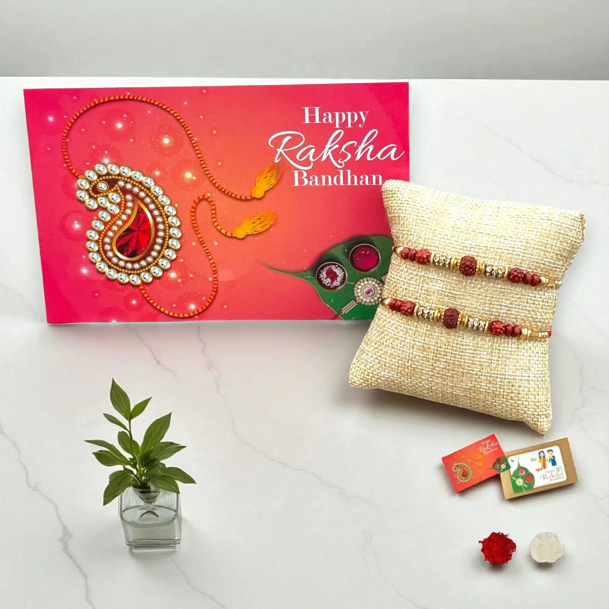 Cherished Rudraksh Rakhi Set | Handmade Bracelet for Raksha Bandhan | Includes Roli Rice & Greeting | Perfect for Brother, Bhaiya Bhabhi