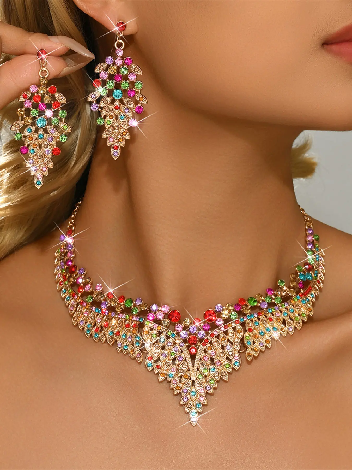 Luxurious Random Color Teardrop Crystal Earrings Necklace Jewelry Set, Elegant Women's Party Wedding Festival Wear, All Seasons