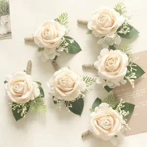 Champagne Rose Corsage and Boutonniere Set Wristlet Corsage for Bride Bridesmaids, Boutonniere for Groom Groomsmen Prom Wedding Flowers Accessories,Homecoming, Anniversary, Graduation (Champagne)