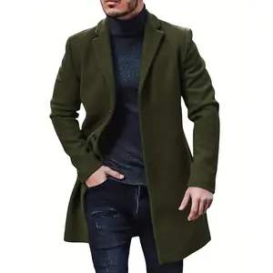 Men's Trench Coat Slim Fit Notched Lapel Single-Breasted Coat Warm Cotton Business Long Coat