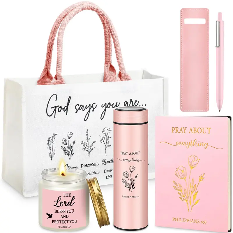 Gejoy Christian Gift for Women 6pcs Religious Gift with Canvas Tote Bag Thermos Cup Theme Notebook Pen Candle Faith Gift for Christian Women Sister Girls Family Friends, Sunday Prayer Use, Christmas Gifts, English/Spanish Opt