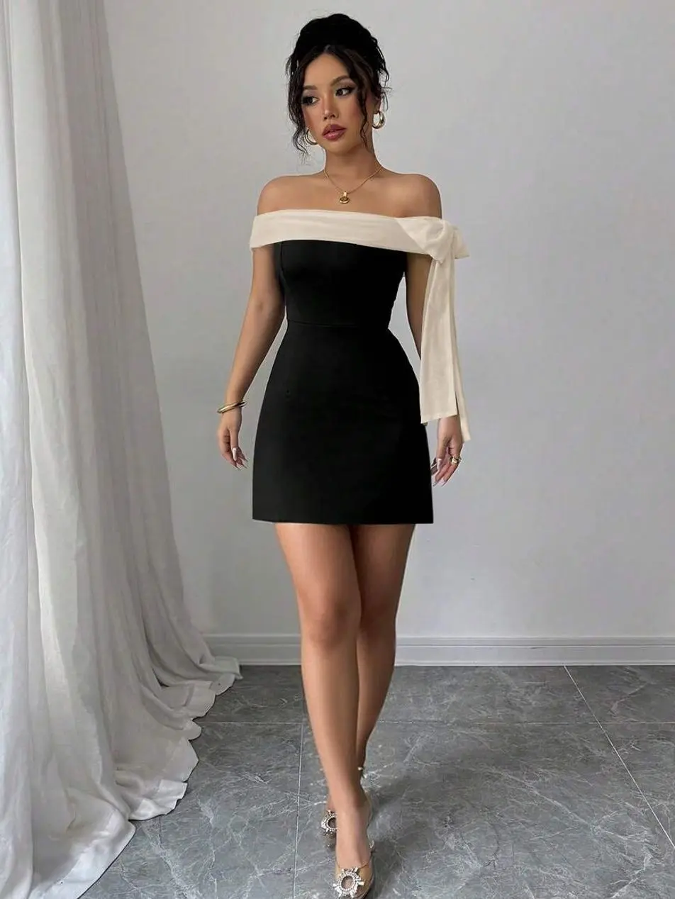 Women's Elegant Off-Shoulder Mini Dress Black High Waist Fitted with Knot &  Zipper for Night Out - TikTok Shop