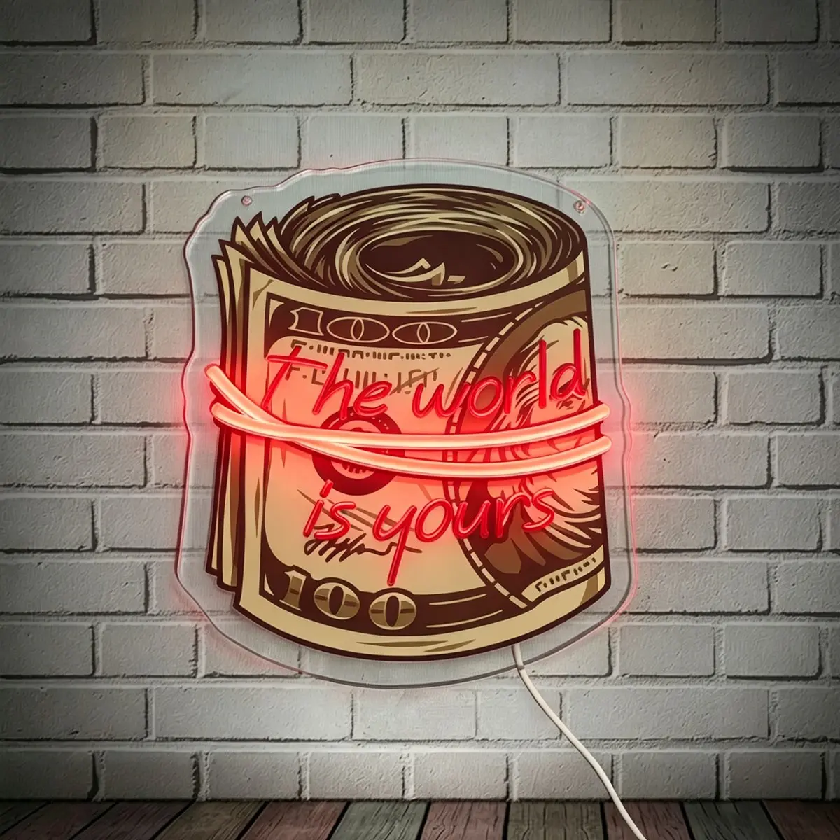 "The World Is Yours" Dollar Bill LED Neon Sign, Led Neon Lights | USB Powered Dimmable Wall Decorative Light, Acrylic Material, Ideal for Edgy Bedrooms, Gaming Rooms, Entrepreneur Studios, Photo Walls & Party Atmosphere Decoration