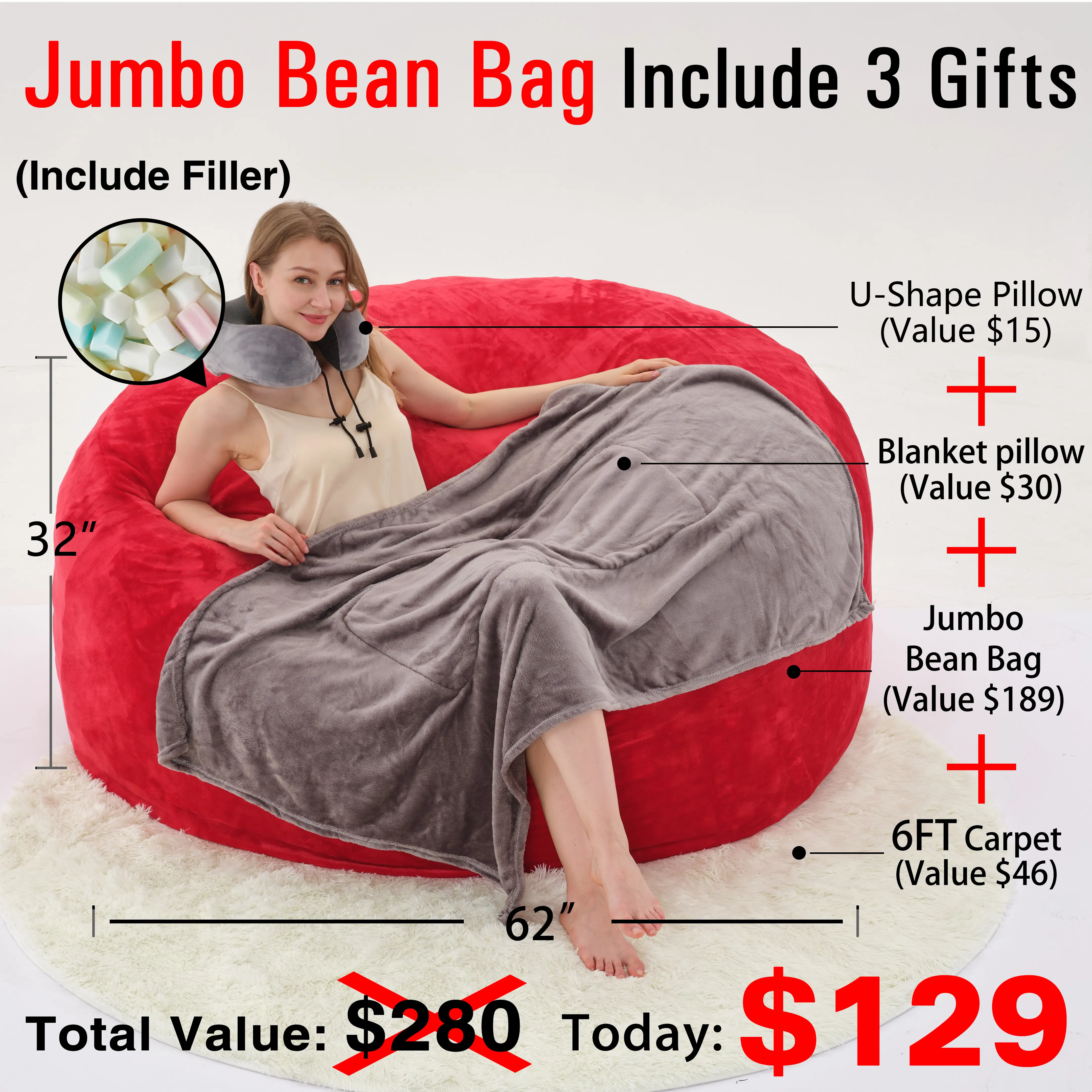 Jumbo Red(Cover Filler U-pillow Blanket Carpet)