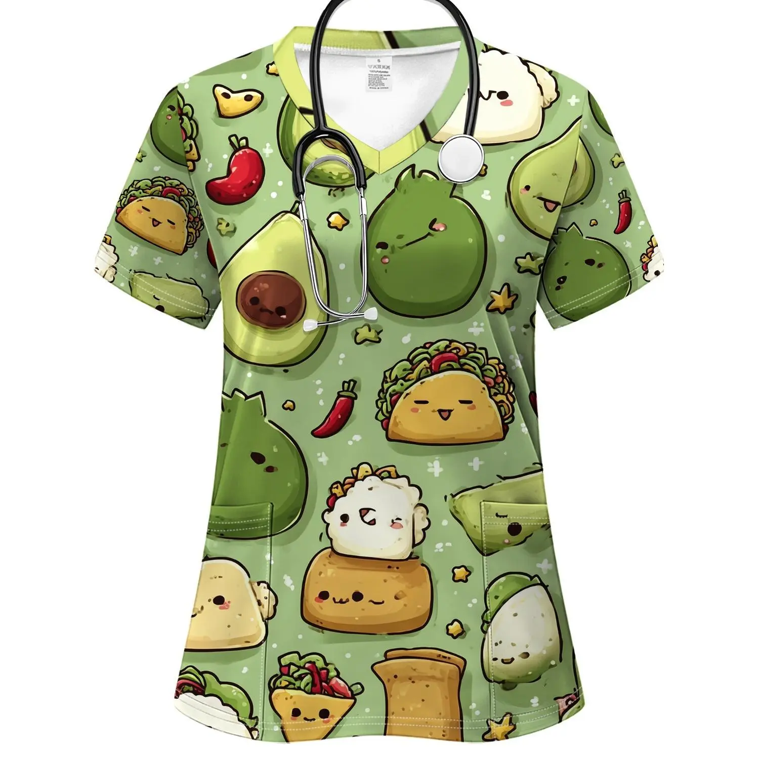 Women's Plus Size V-Neck Short-Sleeve Nurse Uniform Blouse - Full-Body Taco & Avocado Print with Pockets, Soft Breathable Polyester Workwear for Healthcare and Nursing Scrubs