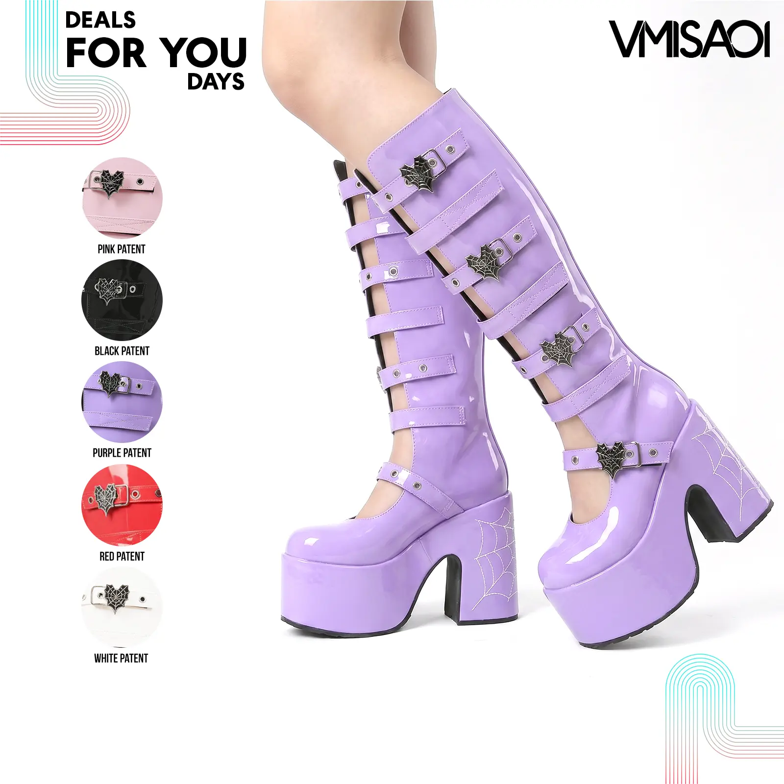 VIMISAOI Platform Boots For Women Knee High Round Toe Chunky Block Heel Multi Strap Spider Buckle Heart Pastel Goth Egirl Trendy Fashion Halloween Rave Combat Concert Cosplay Festival Comfortable Modern Fashion Boots Deals For You Days