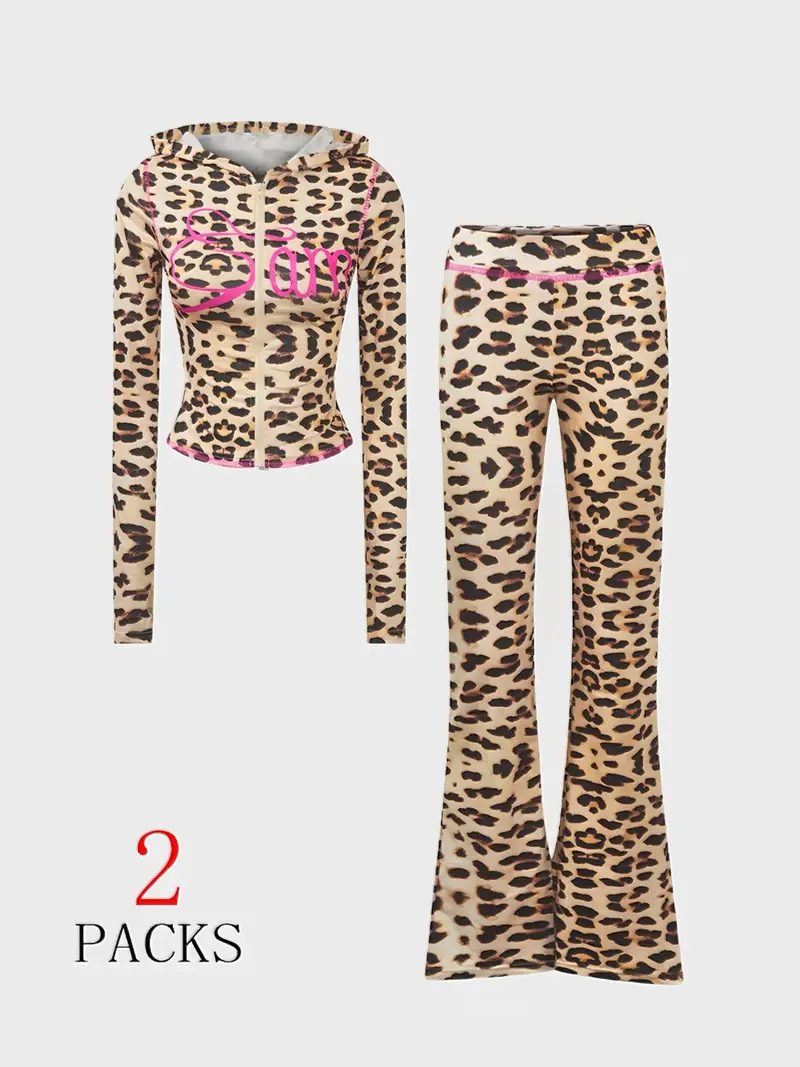 "2-Pack Leopard Print Hoodie + Flare Pants Set | Pink-Accent Zip-Up Top + Bell-Bottom Bottoms – 2025 TikTok Viral Y2K Aesthetic! Bold Animal Print, Slim-Fit Design 🔥 Perfect for #OOTD, #BaddieOutfits, #RetroVibes. Stylish for Brunch, Nights Out or Layeri