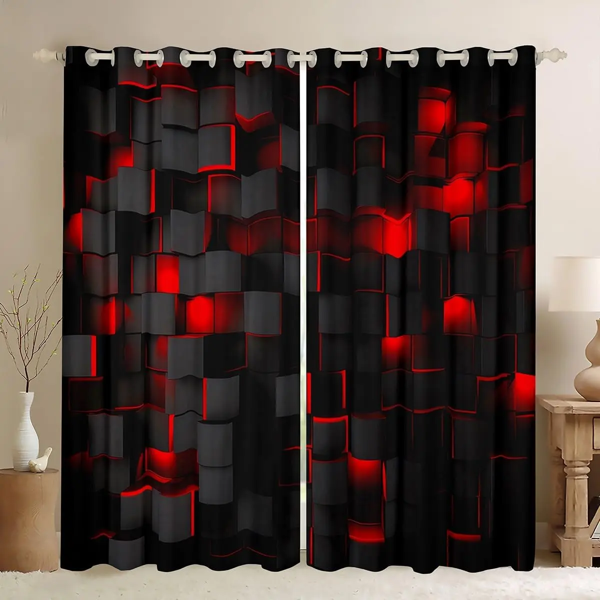 Red and Black Darkening Drapes (2 Panels ) Light Geometric Curtains Living Room Boys Decor Blackout Curtains Modern Window Treatments