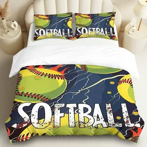 3PCS Duvet Cover Set, 1 Duvet+2 Pillowcases(Without filler), Softball Sports Fun Colorful Graphic theme, Holiday bedding set, Athletic Enthusiast Bedroom Decor Dorm Room Youth Space Living Room.