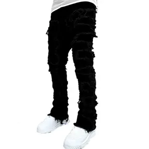 Men’s denim pants featuring a spliced, creative straight-leg cut with an elastic waistband and pockets; casual ripped skinny jeans with distressed detailing—elastic denim cotton blend, slim fit for all seasons, solid color washed design.