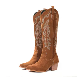 Cowboy Boots For Womens Knee High Pointed Toe Chunky Block Heel Easy Pull On Embroidered Casual Festival Party Outing Western Fashion Comfortable Dress Trendy Boots