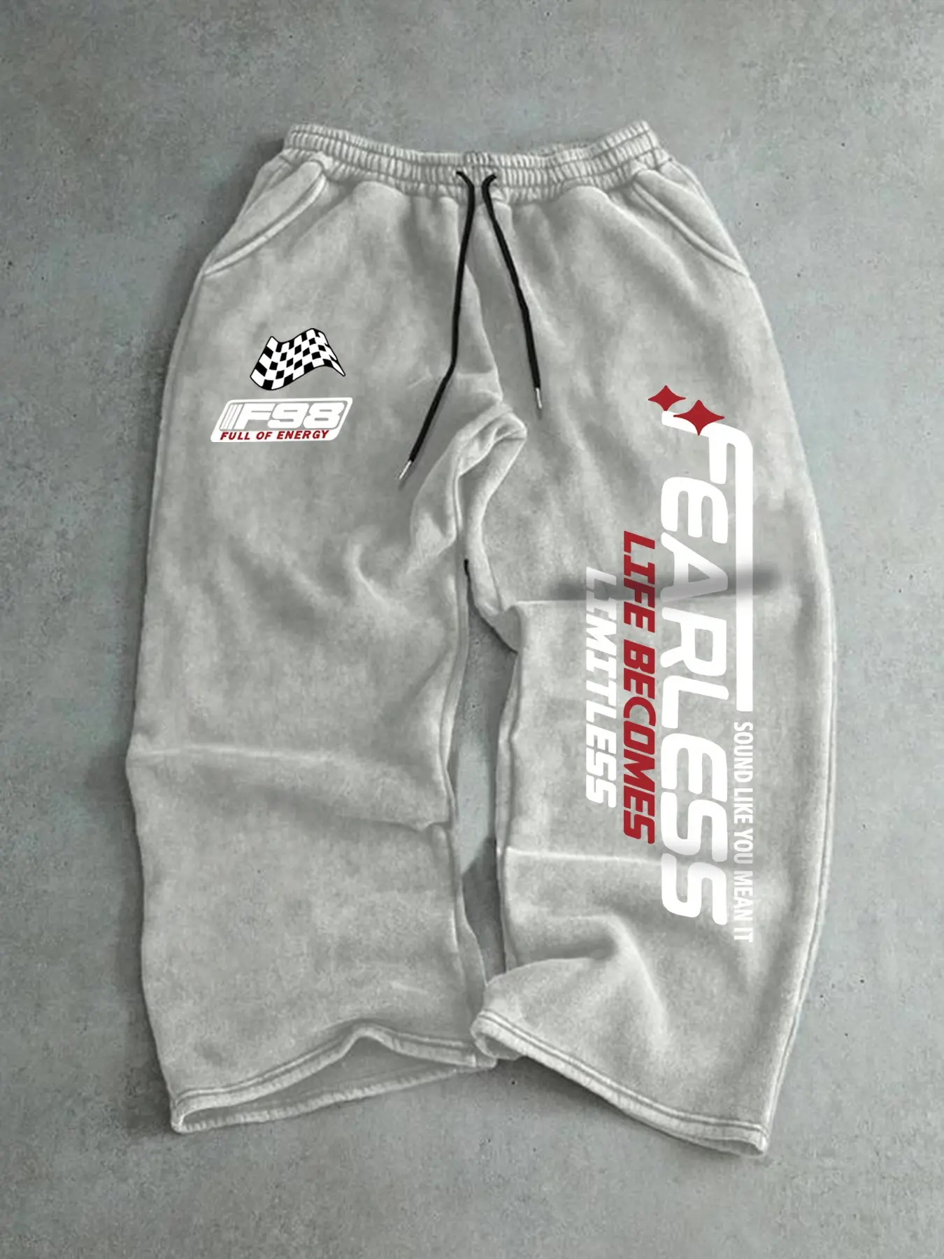 Men's Heavyweight Acid Wash Racing Sweatpants with Fearless Side Graphic | Oversized Baggy Joggers for Motorsport Aesthetic & Streetwear | Breathable Cotton Trackpants with Checkerboard Detail | Casual Sports Trousers