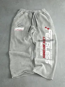 Men's Heavyweight Acid Wash Racing Sweatpants with Fearless Side Graphic | Oversized Baggy Joggers for Motorsport Aesthetic & Streetwear | Breathable Cotton Trackpants with Checkerboard Detail | Casual Sports Trousers