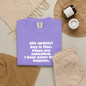 Men's Shortsleeve Knit Cotton Tee - Garment-Dyed Faded White, Minimalist Quote Design, Breathable Relaxed Fit, Jacket Layering Compatible