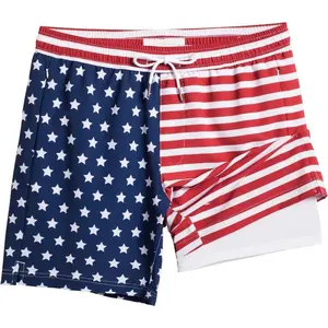 Mens 2 in 1 Swim Trunks with Compression Liner, 7 Inch American Flag Board Shorts, Quick Dry Swimwear for Summer Beach Pool Party, Patriotic 4th of July Vacation Outfit