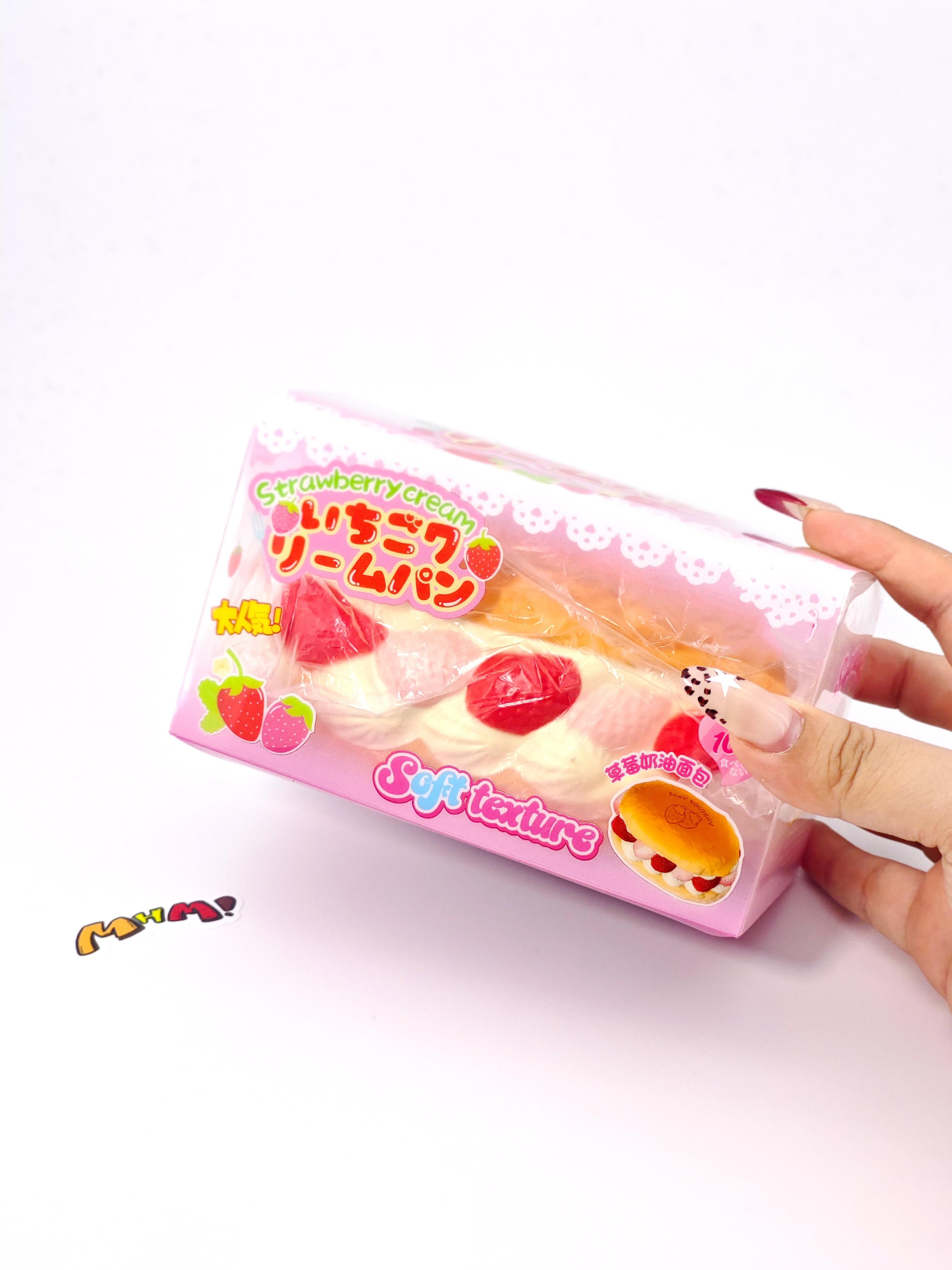 MHM Squishy Pink Strawberry White Cream Bread scented stress relief toy features a sticky, wet-soft, slow-bounce pastry texture for tactile fun