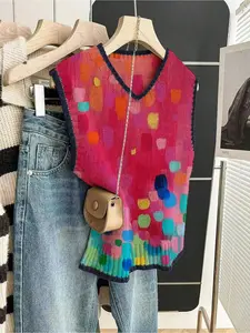 Spring Summer Elegant Women's Tie-Dye Print Vneck Vest Sweater, Casual Contrast Hem Short Sleeve Knitwear, Versatile Daily Wear Top