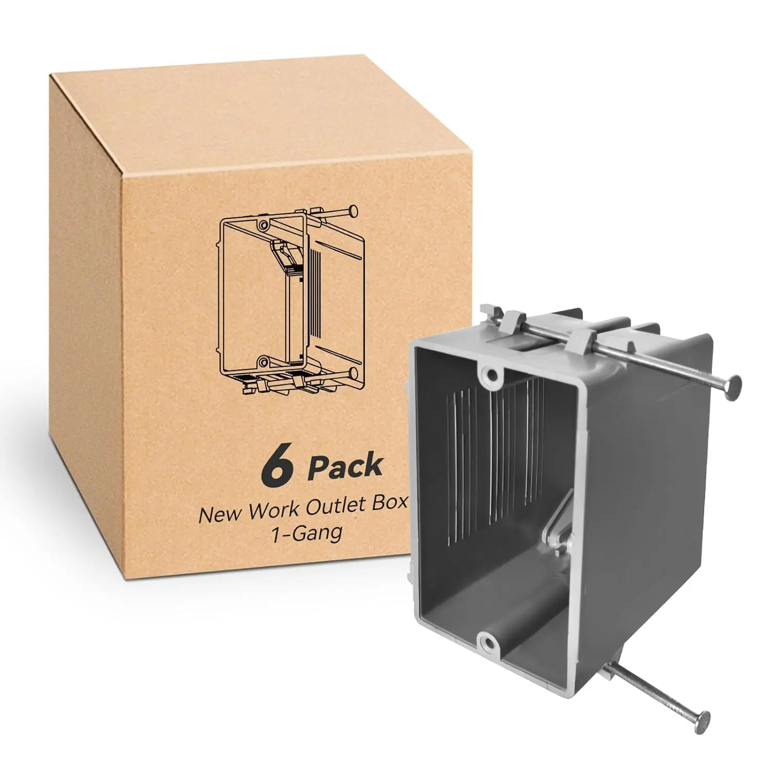 6-Pack 1-Gang New Work PVC Plastic Electrical Box - 22 Cu In, UL Certified, 2-Hour Fire Resistant, Corrosion-Resistant, Pre-Drilled Holes, Fast Installation, 5-Year Service, Included Screws, New Construction Use