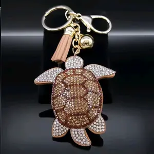 Sea Turtle Bling Keychains with Rhinestone Embellishments and Gold Tassel for Stylish Accessory