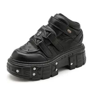 Retro Black Chunky Heel Outdoor Unisex Shoes, Metal Decoration Hook Loop Platform Runway Sneakers Increasing All Match Casual Trainers Gothic Sport Shoes Female