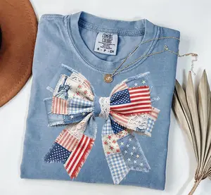 Comfort Colors Patriotic Coquette Bow Shirt, USA Patchwork Flag Graphic Tee Women, 4th of July Outfit, Cute Americana Comfort Colors Shirt