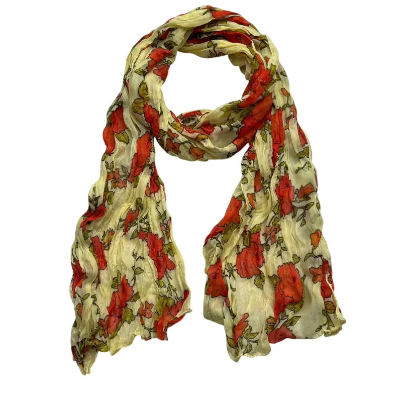 Red Printed Crinkle Scarf - Textured Statement Scarf (63"x23")