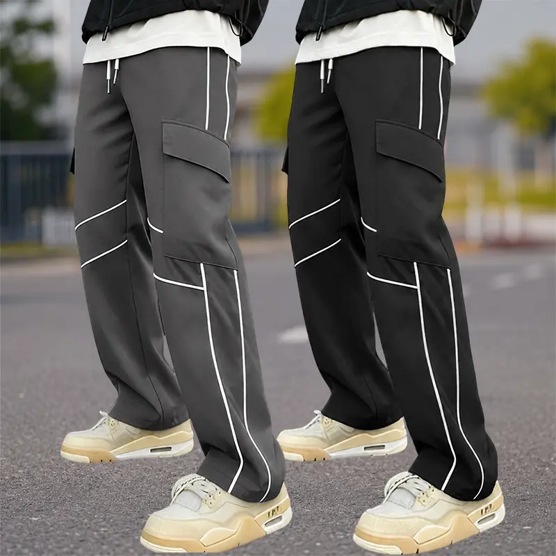 3-pack men’s white cargo pants with contrasting lines and wide legs, drawstring elastic waist, lightweight woven straight-leg cargo pants, hip-hop street summer everyday wear