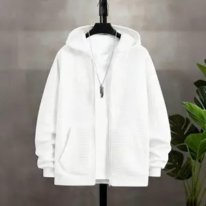 Men's Spring Casual Sports Hoodie Jacket, Loose and Comfortable Fit, Jacquard Fabric with Large Pocket Design White