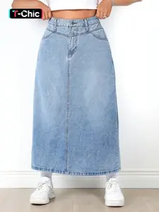 Women's Plus Size Fashion Denim Skirt, High Waist Design, Button Detail, Fit, Casual Style, All-Season Wear, Daily