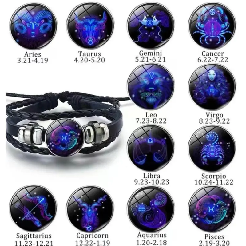 Women's Personalized Zodiac Sign Leather Bangle - Absorb Light, Glow Up Fashion Jewelry - Valentine's Day Gifts, Party Accessories for 12 Zodiac Signs (Aries, Taurus, Gemini Included)