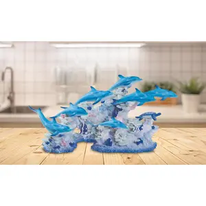 16"W Blue Dolphins Swimming Around Coral Statue Marine Life Decoration Figurine