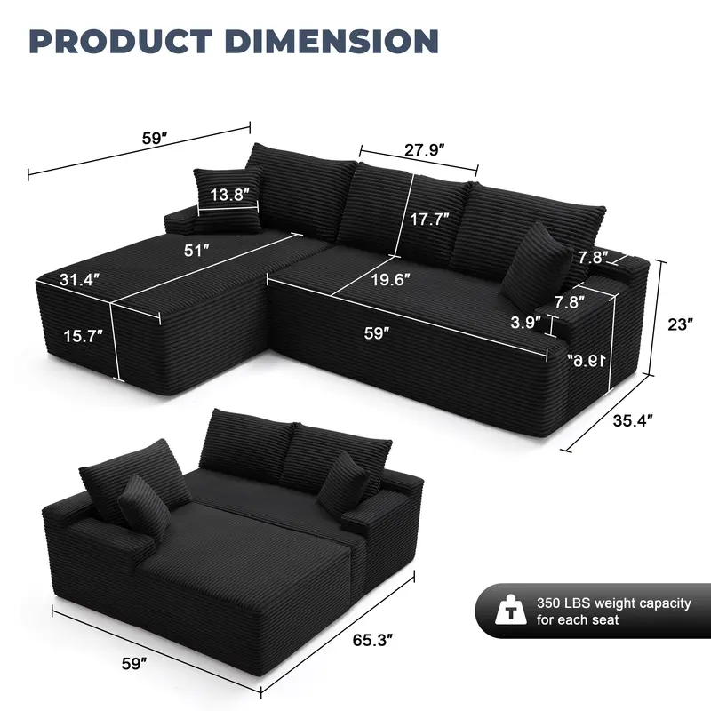 【1-2 Packages】118" U Shaped Boneless Sectional Sofa bed with 2 Pillows, 6-Seater Oversized Modular Couch, Comfy Corduroy Cloud Sofa with Deep Seat, Fluffy Cozy Sofa for Living Room, No Assembly Required 【1-2 Packages】118" U Shaped Boneless Sectional Sofa bed with 2 Pillows, 6-Seater Oversized Modular Couch, Comfy Corduroy Cloud Sofa with Deep Seat, Fluffy Cozy Sofa for Living Room, No Assembly Required