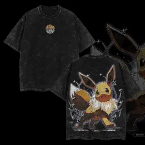 PKM Eevee Vintage Oversized T-Shirt – Pokemon Anime Acid Washed Heavyweight Cotton, Eevee Evolution Fan Art Graphic Tee Unisex Anime Shirt Pokemon Streetwear