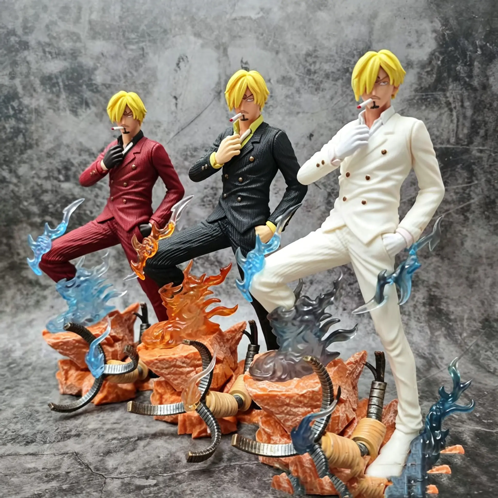 One Piece Sanji Figure, Three-Color Suit, Flame/blue Gradient, Transparent Texture, Rock Base, Smoking Pose, Anime Collectible, Collectible PVC Figure, Birthday Gift, Collectible Figurine, Collectible Figures