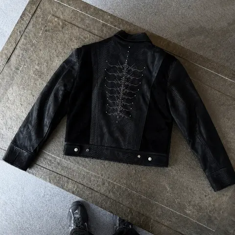 Men’s Loose Leather Punk Rock Jacket - Y2K Gothic Biker-Style Unisex Preppy Korean Cute Outerwear with Snake Embroidery, Buttoned Hem, Long Sleeves for Streetwear Layering, New Year Parties