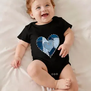 Heart Denim Patchwork Design Pattern Print Bodysuit Baby Rompers Short Sleeve Cotton Toddler Rompers Graphic Print Baby Clothes One-Piece Outfit