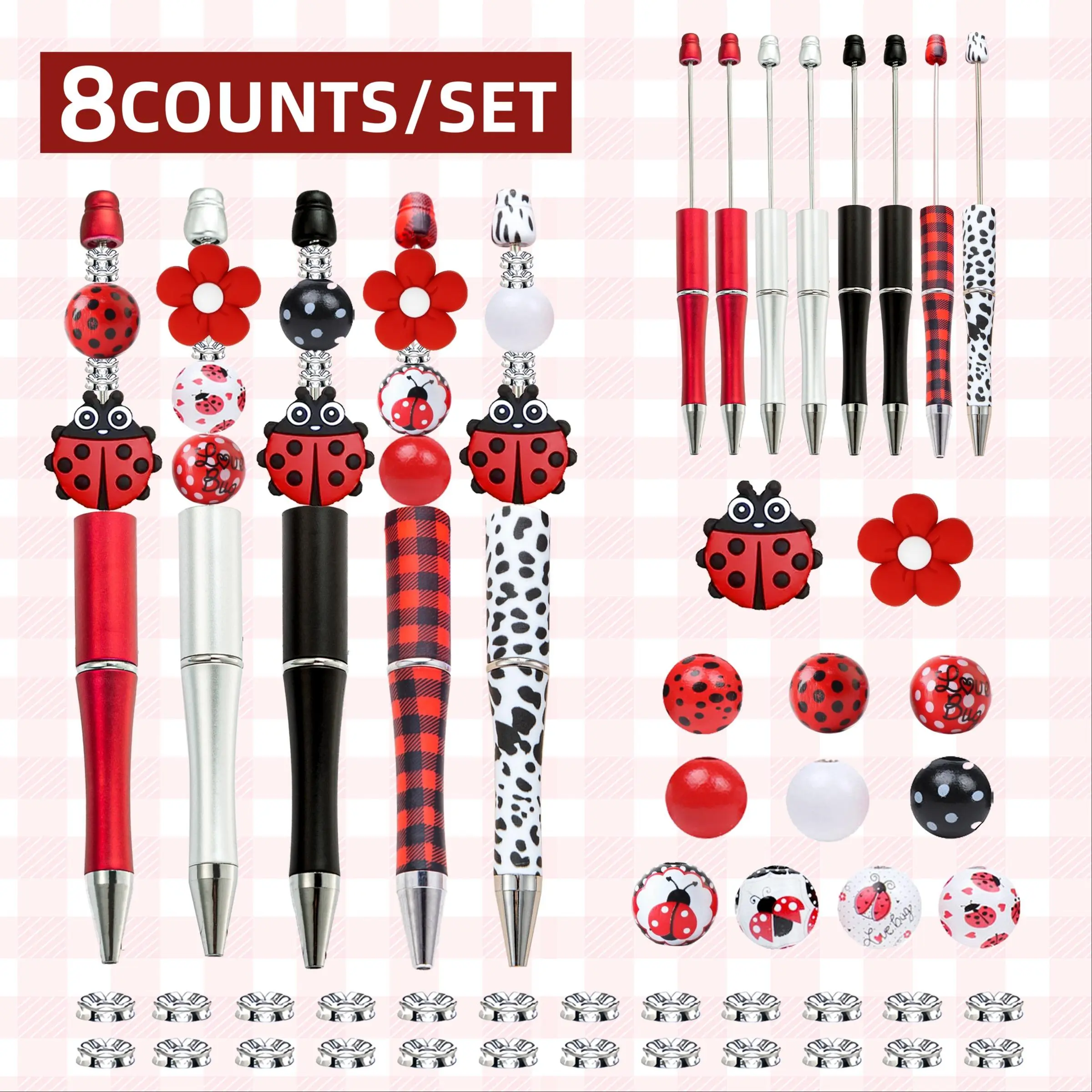 Ladybug Themed DIY Beaded Pen Set, 8 Counts/set Beaded Pen & Silicone Bead, Cute Writing Pen Set for Office School Student Birthday Gift, Ballpoint Pen Set, Aesthetic Pens