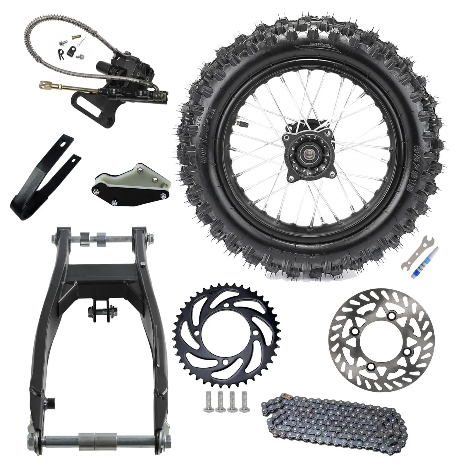 12" Dirt Pit Bike Wheel Kit – 60/100-14 Tire + 45/48mm Front Forks Triple Tree + Swing Arm Swingarm Kit – for Offroad Motorcycle Scooter CRF70 XR70 KLX110