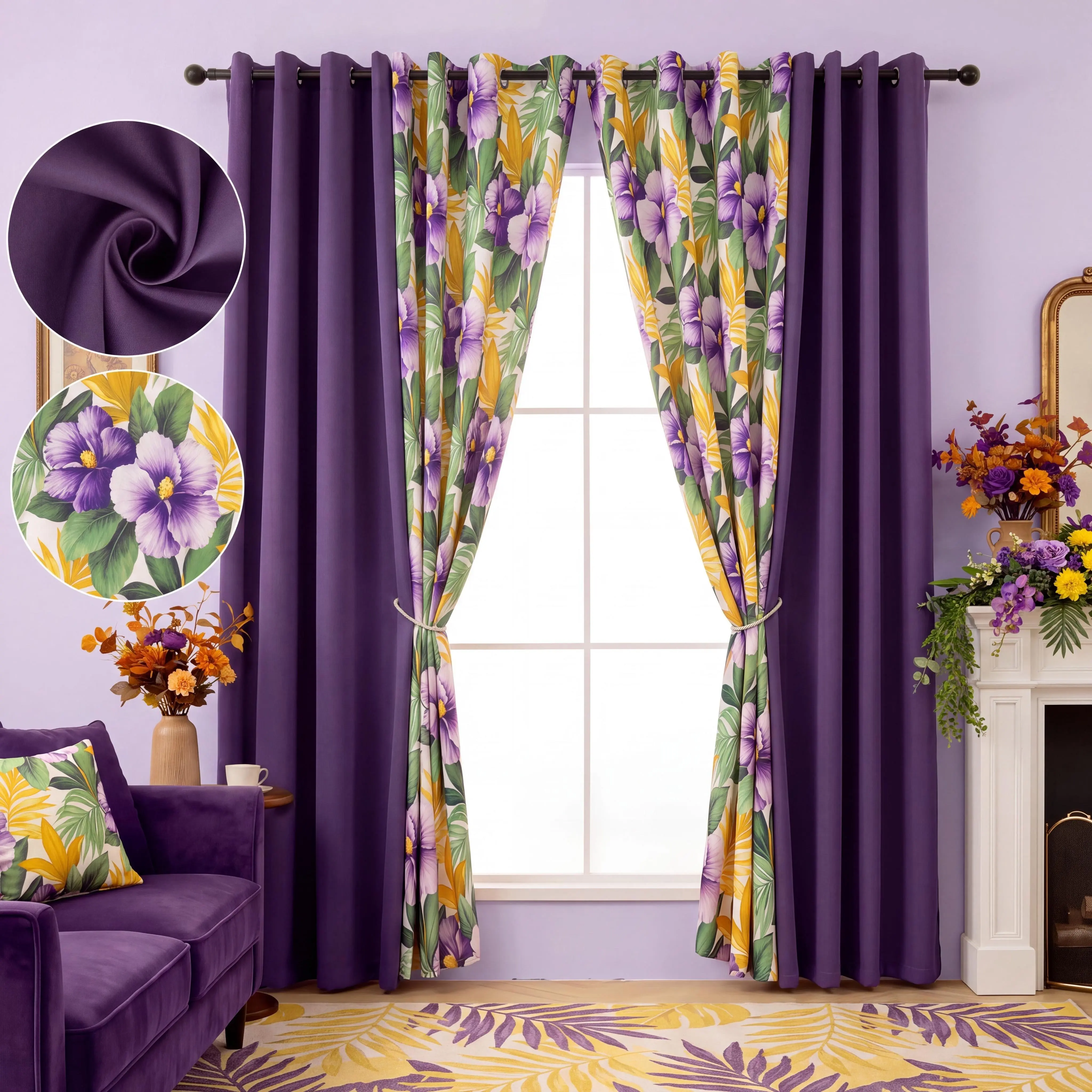 Floravyn 4-Panel Set 52"x84" Blackout Curtain Combo, Grommet Drapes,2 Solid Full Blackout + 2 Floral Print with Metallic Silver Foil Blackout, Thermal Insulated Light Blocking Noise Reducing Privacy Drapes for Living Room Bedroom QF428 QF222 Black Friday