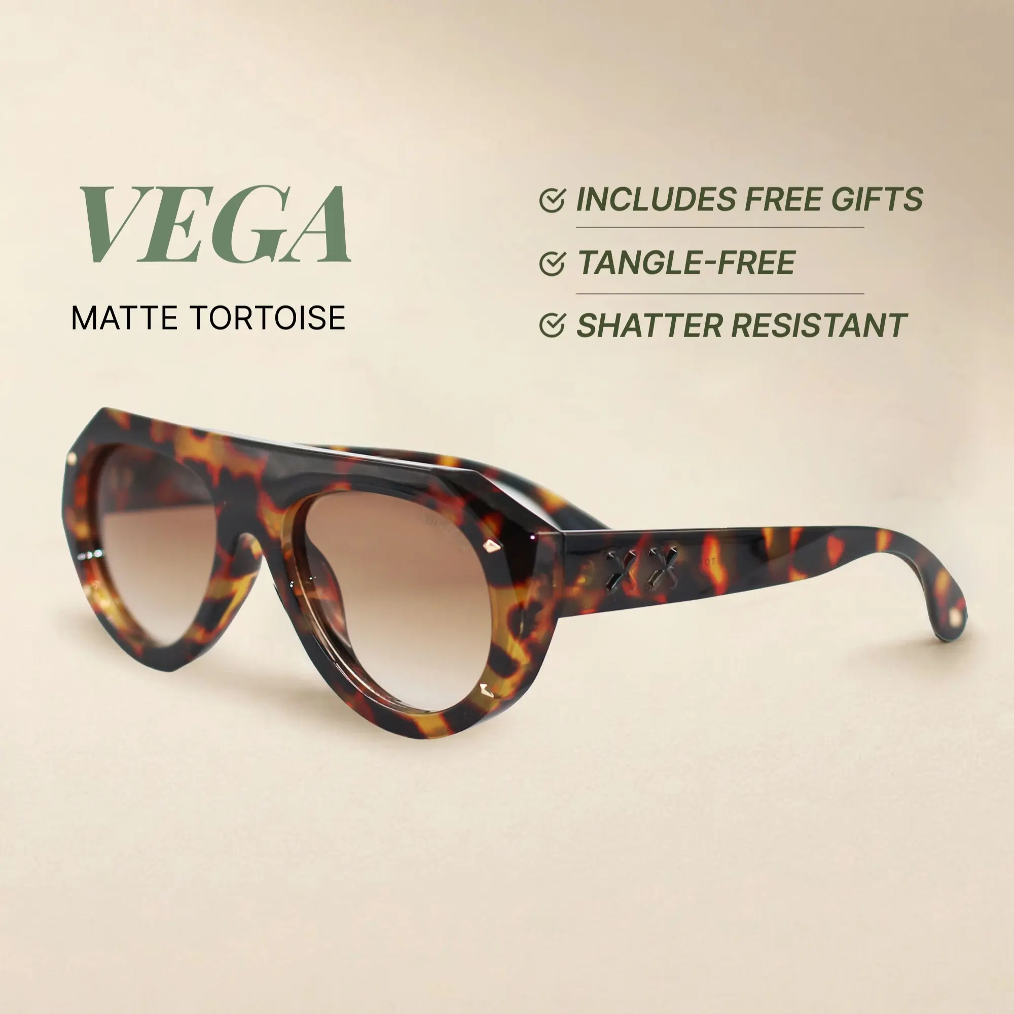 Vega - Brown Tortoise - Tangle Free Shield Sunglasses - Certified Shatter-Resistant Lenses - UV400 - For Women & Men
