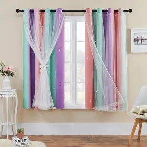Drapvia 1 Count Double Layer Design Star Cutout Gradient Curtain, Window Curtain, Fashionable Romantic Light-Blocking, Glows in Darkness, Versatile Use, Suitable for Bedroom Living Room Girl's Room